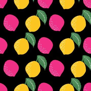 Yellow pink lemons seamless vector pattern design on black background Stock Illustration