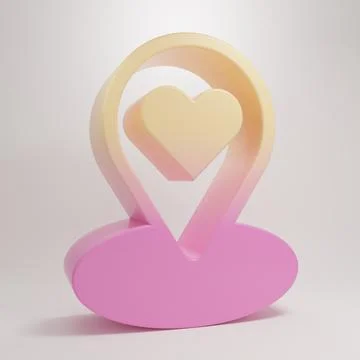 Yellow-pink Map pointer with heart icon isolated on grey background. Valent.. イラスト素材