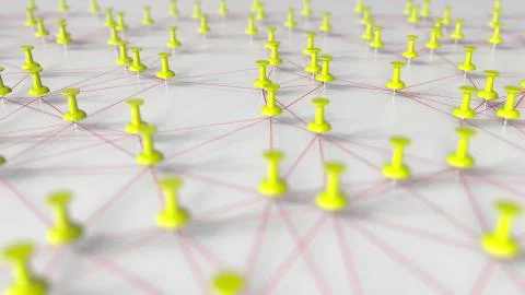 Yellow pins and threads compose complicated network, 3D rendering Stock Illustration
