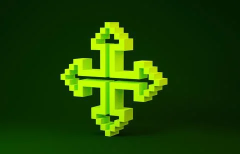 Yellow Pixel arrows in four directions icon isolated on green background. Cur Stock Illustration
