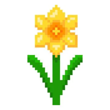 Yellow pixel daffodil on a green stem with leaves, 8-bit icon. Illustrazione stock