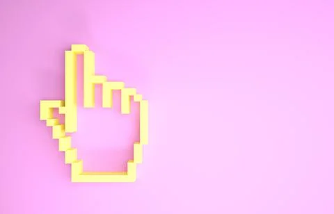 Yellow Pixel hand cursor icon isolated on pink background. Pointer hand curso Stock Illustration
