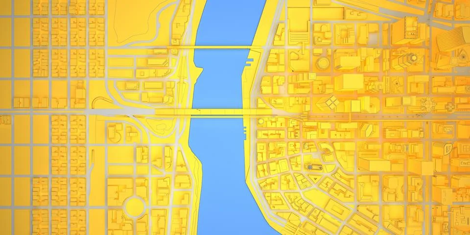 Yellow plain low poly modern downtown with river top view Stock Illustration