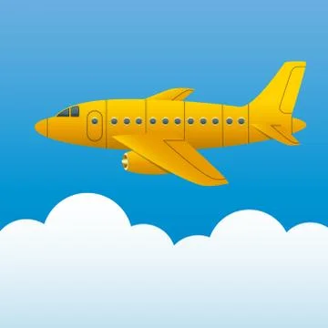 Yellow plane on a background of blue sky and white clouds. Cartoon style. Vector Stock Illustration
