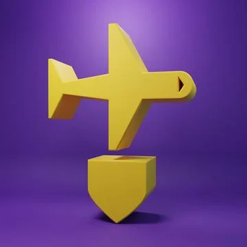 Yellow Plane with shield icon isolated on purple background. Flying airplan.. Stock Photos