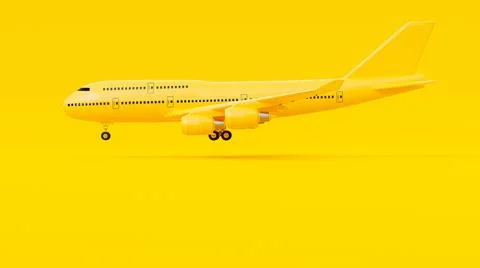 Yellow plane side unfolding its wheel on yellow background. minimal idea conc Stock Illustration