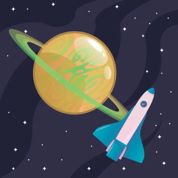 Yellow planet with green pattern on it and a green ring around it with a rocket Stock Illustration