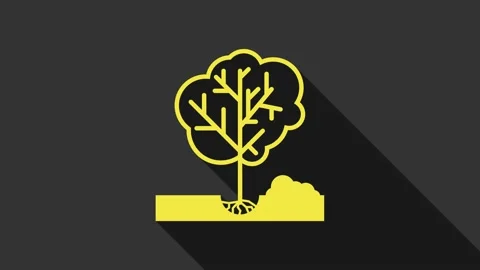 Yellow Planting a tree in the ground icon isolated on grey background. Gardening Stock Footage 147696730