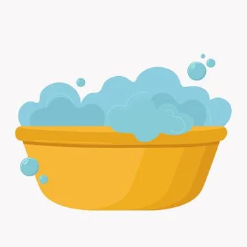 Yellow plastic basin with soap suds. Bowl with water. Washing clothes, cleani Stock Illustration