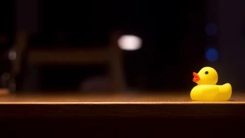Yellow Plastic duck that moves from right to left in stop motion Stock Footage 119484352