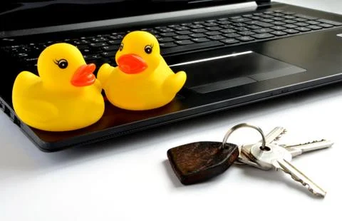 Yellow plastic ducks sit on notebook computer next to keys to house Stock Photos