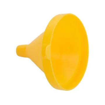 Yellow plastic funnel for pouring liquid into bottle or container. Kitchen .. Stock Photos