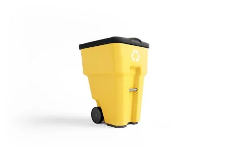 Yellow plastic garbage bin with recycling logo, isolated on white background イラスト素材