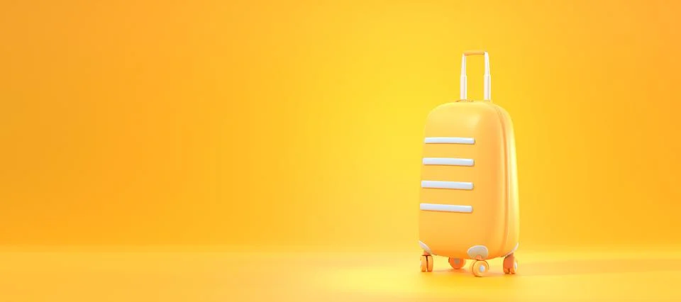 Yellow plastic suitcase with wheels, angle view. Luggage bag for summer journey Illustrazione stock