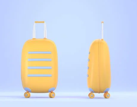 Yellow plastic suitcase with wheels, front and side view. Travel bag for carry Stock Illustration
