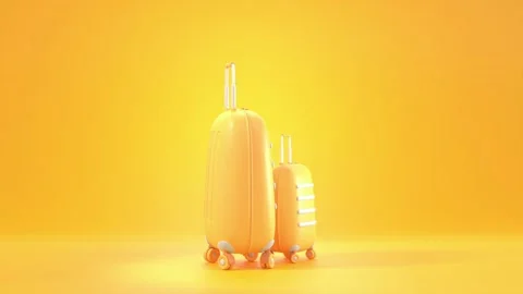 Yellow plastic suitcases with wheels, 3d render. Luggage bags for summer journey Stock Footage 171857082