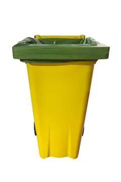 Yellow plastic trash container with wheels isolated on white background Stock Photos