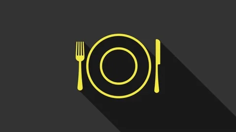 Yellow Plate, fork and knife icon isolated on grey background. Cutlery symbol Video stock 147696697