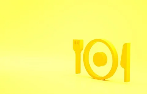 Yellow Plate, fork and knife icon isolated on yellow background. Cutlery symb Stock Illustration