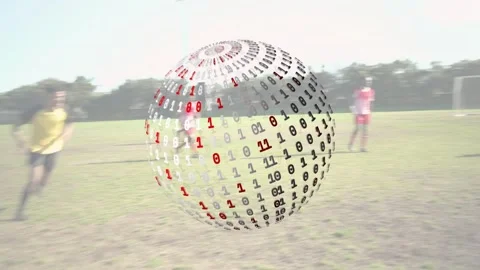 Yellow player touching soccer ball, pulling players to goal while binary sphere Stock Footage 333078450