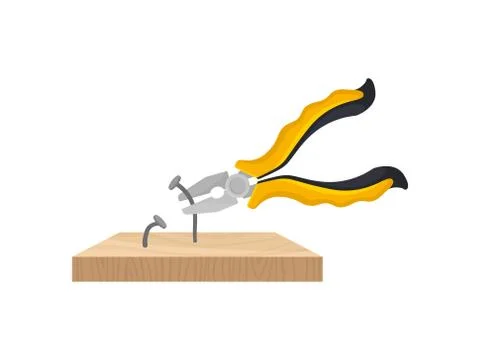 Yellow pliers pull the nails out of the wooden plank. Vector illustration on イラスト素材