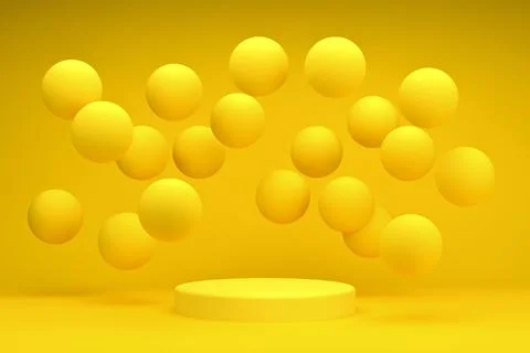 Yellow podium 3d rendering. round podium with balls, pedestal or platform Stock Illustration