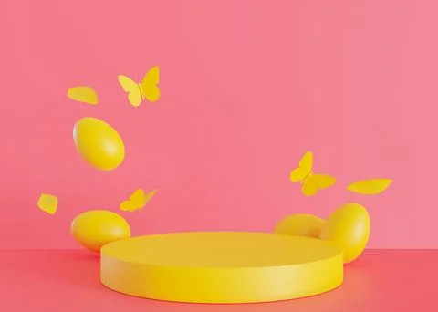 Yellow podium with Easter eggs and copy space. Trendy, vivid stage for product Illustrazione stock