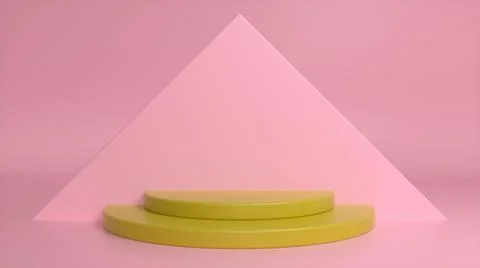 Yellow podium on a pink abstract triangular background. Blank showcase mockup Illustrazione stock