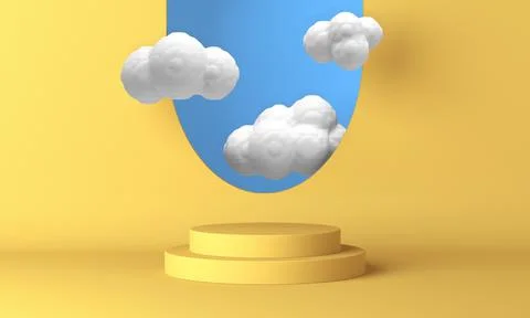 Yellow podium with white clouds flying through the window. 3d rendering Stock Illustration