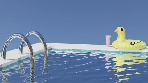 Yellow pool float, ring floating in a refreshing blue swimming pool. 3d Stock Illustration