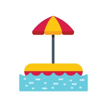 Yellow pool raft with red and yellow umbrella floating on water Stock Illustration