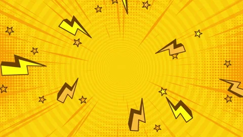 Yellow pop art comic background with lightning bolts and stars rotating Video stock 305757935