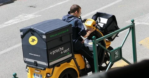 Yellow Postal Delivery Staby Electric Scooter In France Stock Footage 107200280