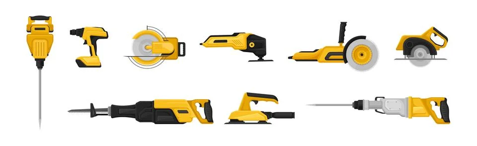 Yellow Power Tool for Construction Work Vector Set Illustration