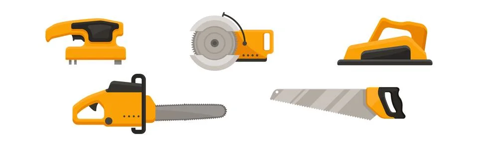 Yellow Power Tools for Carpentry Work Vector Set Stock Illustration