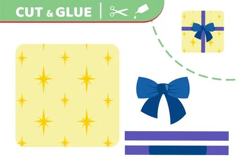 Yellow present with bow. Cut and glue. Application work. Paper game. Vector Illustrazione stock