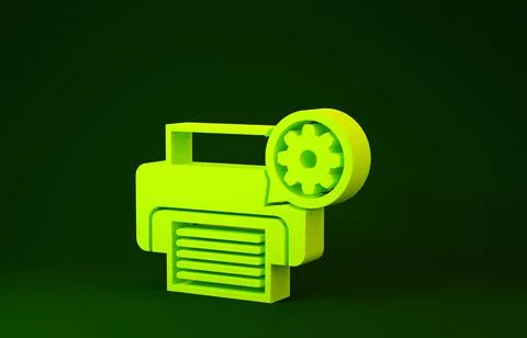 Yellow Printer and gear icon isolated on green background. Adjusting app, ser イラスト素材