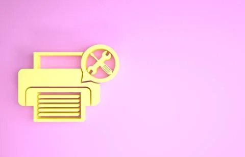 Yellow Printer with screwdriver and wrench icon isolated on pink background.  스톡 일러스트