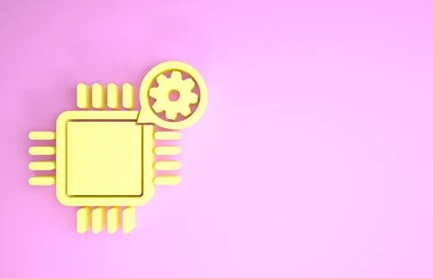 Yellow Processor and gear icon isolated on pink background. CPU, chip service Stock Illustration