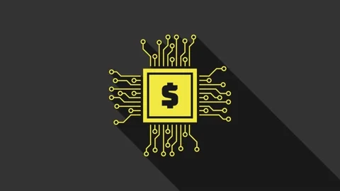 Yellow Processor chip with dollar icon isolated on grey background. CPU, central Stock Footage 147693388