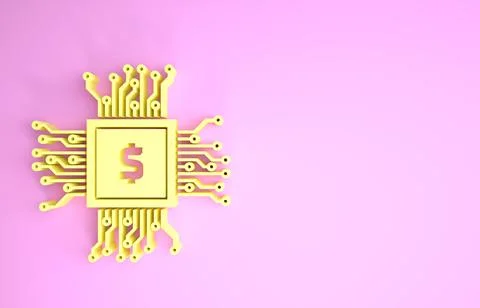 Yellow Processor chip with dollar icon isolated on pink background. CPU, cent Stock Illustration