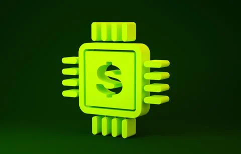 Yellow Processor chip with dollar icon isolated on green background. CPU and  스톡 일러스트