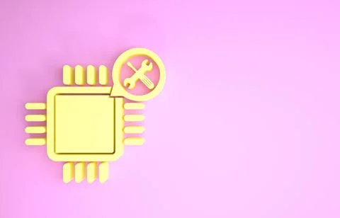Yellow Processor with screwdriver and wrench icon isolated on pink background 스톡 일러스트