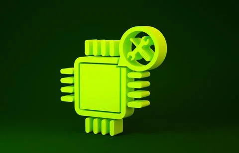 Yellow Processor with screwdriver and wrench icon isolated on green backgroun Stock Illustration