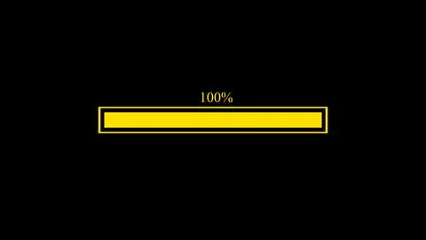 Yellow progress indicator showing one hundred percent on black background f.. Illustrazione stock