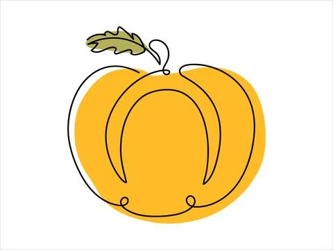 Yellow Pumpkin in continuous one-line drawing style with green leaves, isolat Stock Illustration