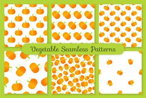 Yellow pumpkin flat vegetable seamless pattern set Stock Illustration