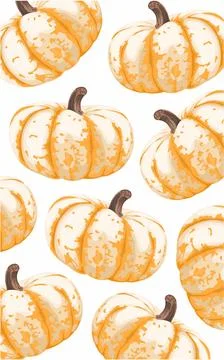 Yellow pumpkins pattern on white background. Fruit Halloween decoration  Stock Illustration