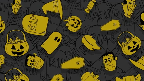 Yellow pumpkins, skulls, coffins, ghosts pattern Stock Footage 168791754