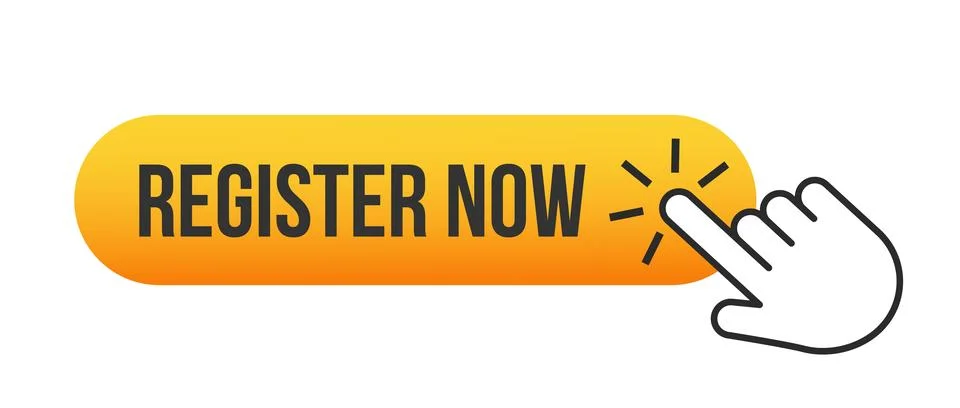 Yellow push button with a hand pointer clicking and text Register now Stock Illustration